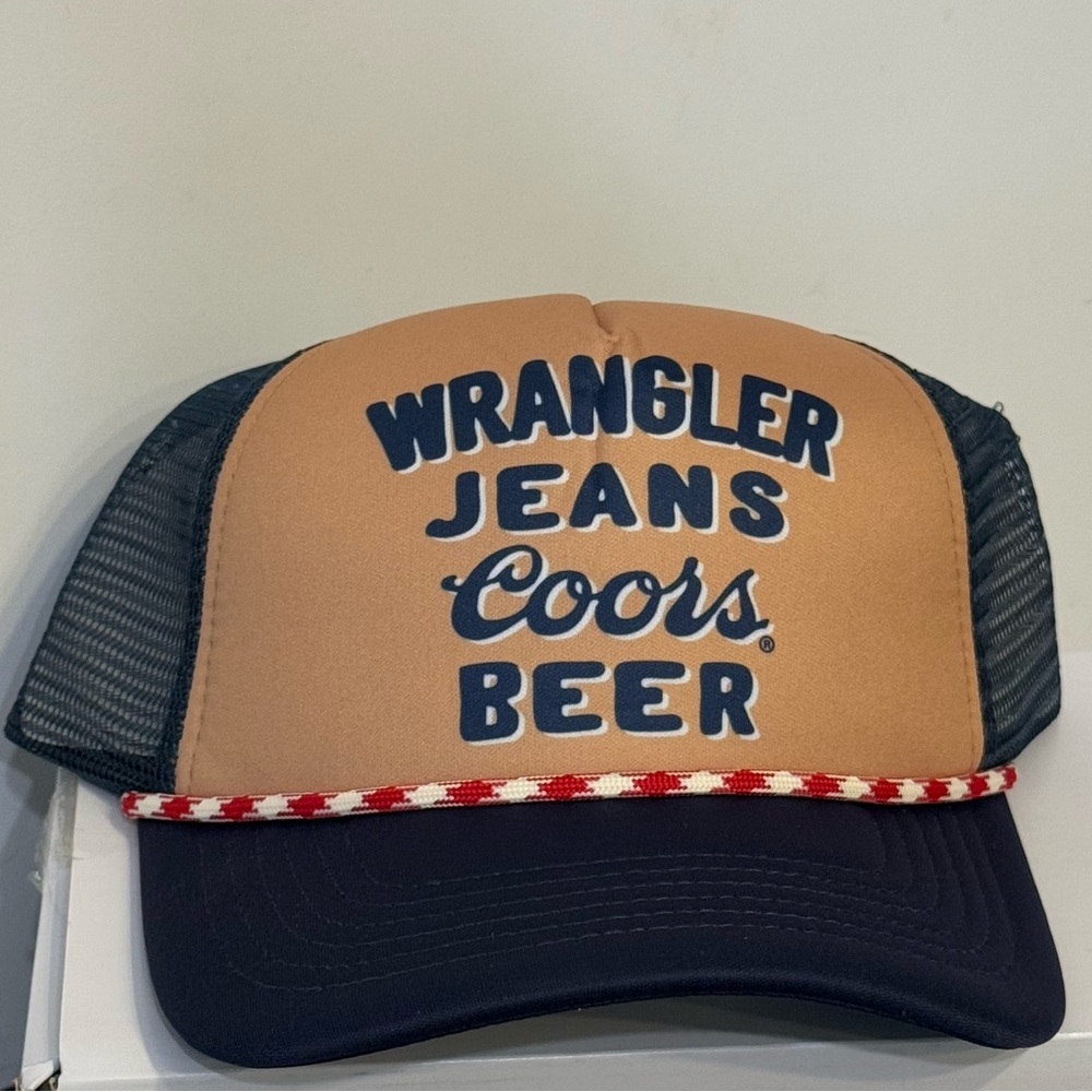 Wrangler Jeans Coors Beer Navy and Tan Mesh Trucker Hat with Red Trim